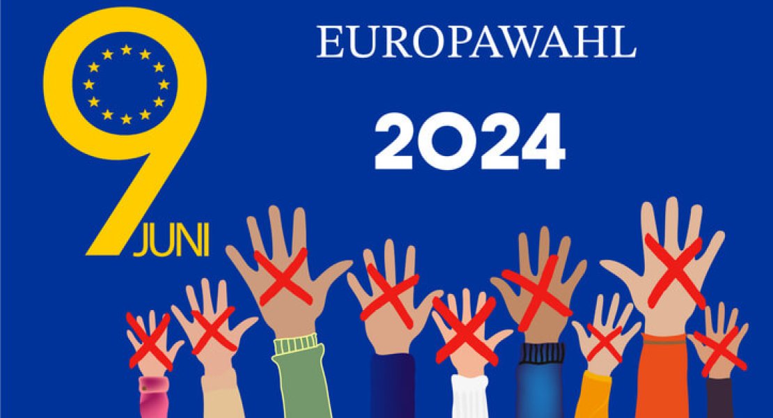 Germany EUROPAWAHL. European elections 2024 in language German. People raising hands. Cross check marks and European Flag Background with Stars. flat vector illustration.