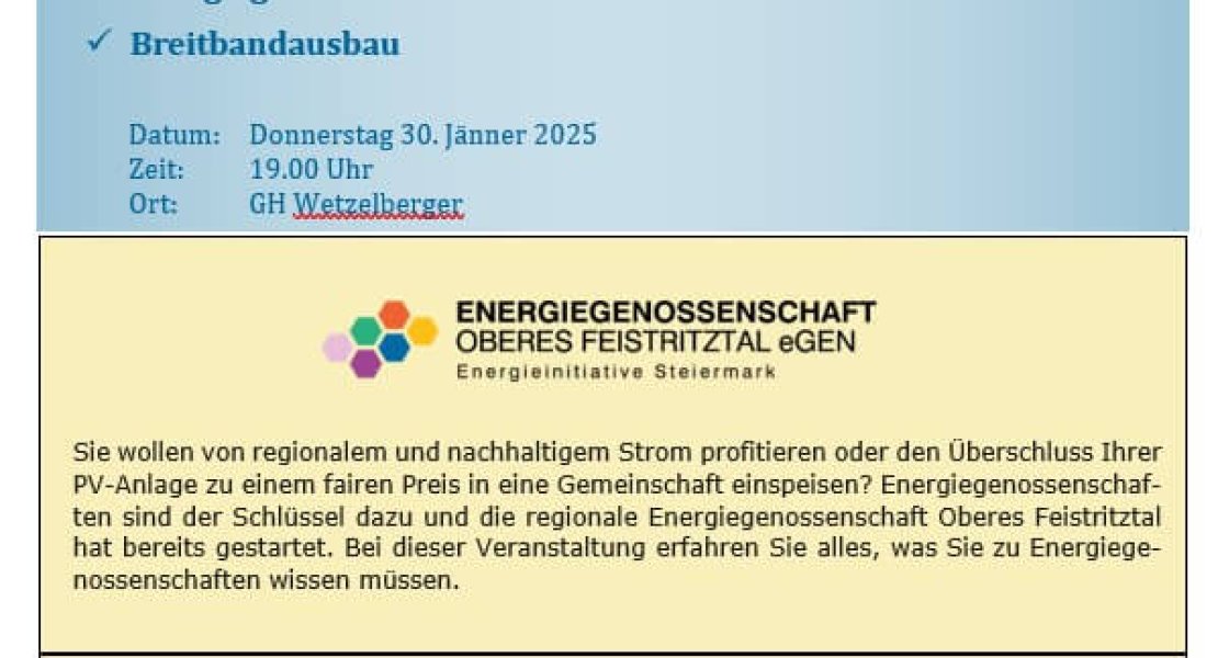 Infoveranstaltung der Gemeinde am 30.1.2025 zur Energiegenossenschaft Oberes Feistritztal und Breitbandausbau