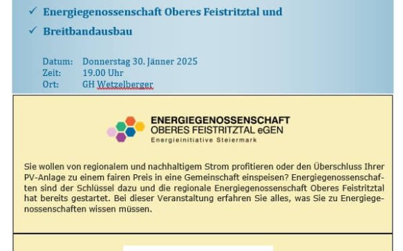 Infoveranstaltung der Gemeinde am 30.1.2025 zur Energiegenossenschaft Oberes Feistritztal und Breitbandausbau