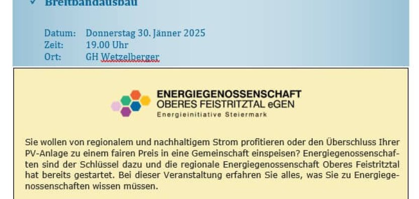 Infoveranstaltung der Gemeinde am 30.1.2025 zur Energiegenossenschaft Oberes Feistritztal und Breitbandausbau